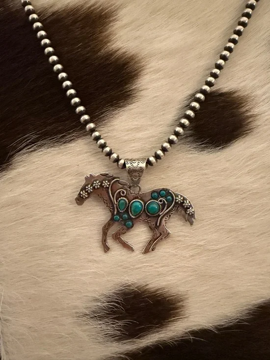 ❤️Kingman Turquoise Sterling Hand Stamped Statement Running Horse Pendant 2.41”W - Picture 3 of 12